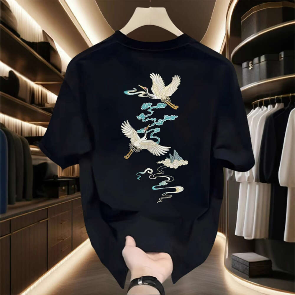 Men's T-shirt Chinese Style Double Crane Cloud Embroidered Loose Fit Exquisite Double Crane And Cloud Print On Back Breathable Comfortable Soft C