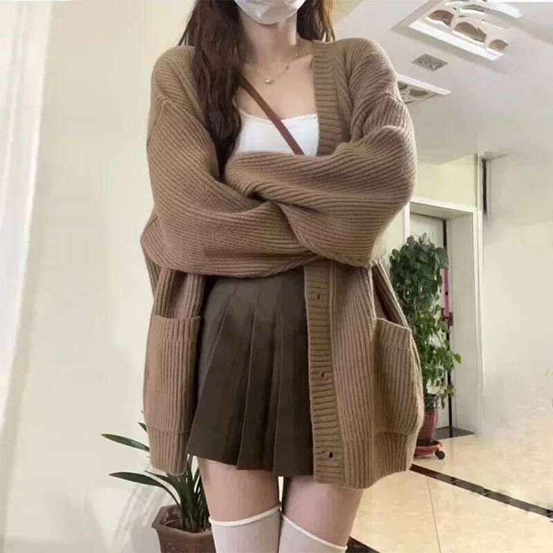 Korean version V-collar lazy wind cardigan Japanese department simple sweater female spring and autumn winter casual loose knit 26L0224