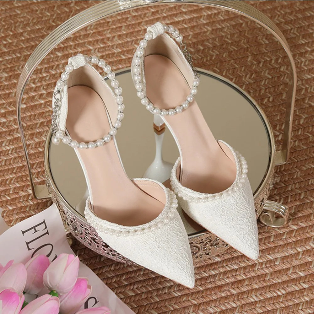 High Heeled Shoes Womens Sandals with A Thin Heel and Pointed Toe Straight Cut Lace Surface White Pearl Bridal Women 260208