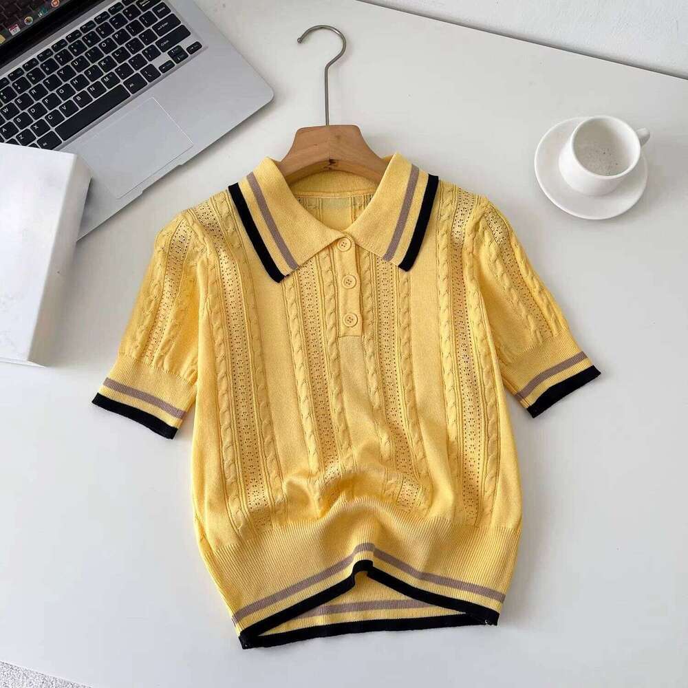 REALEFT Summer 2026 New Vintage Knitted Women's Polo Shirts Short Sleeve Bottom Hollow Out Buttons Knitwear Tops Tee Female 26W0224