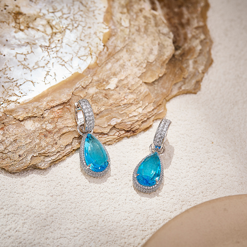 Earrings New Aquamarine Pear-Shaped Earrings With Gold-Plated Setting And Water Drop Main Diamond Earrings , Offering A Light Luxury Feel, Suitable Fo