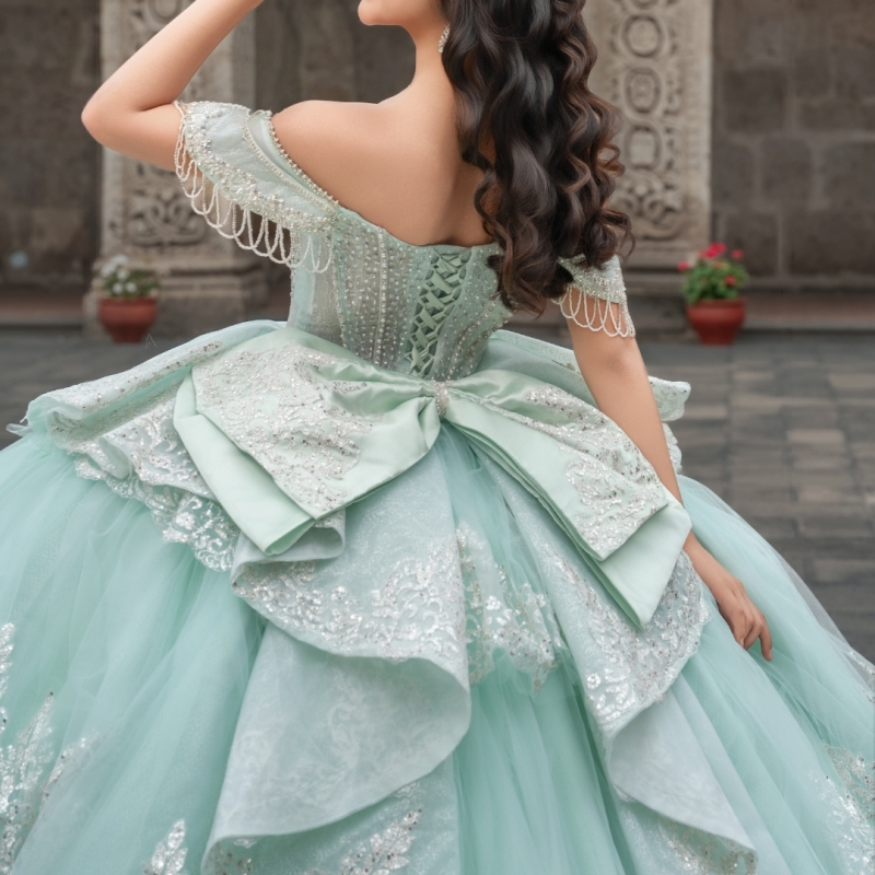 Mint Green Shiny Quinceanera Dresses Ball Gown Off The Shoulder Applique Lace Beading Crystal Bow Tull Party Birthday Sweet 16 Vestidos 15 De Anos