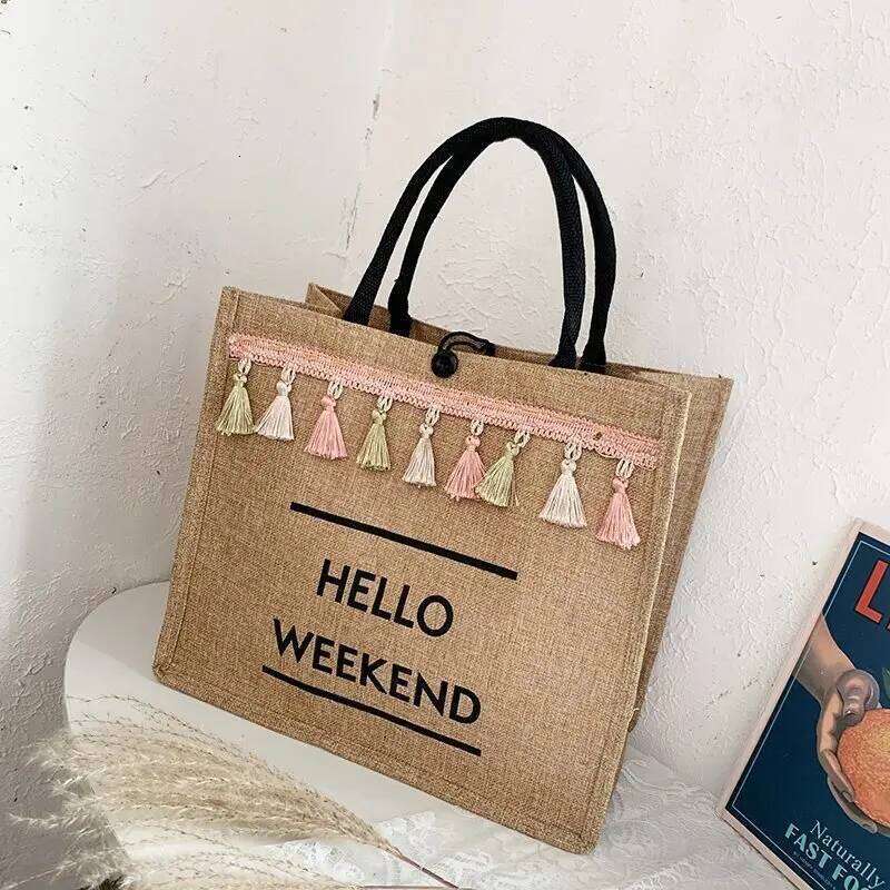 Women Beach Bags Handbags Large Capacity Lady Tassel Shoulder Big Letter Linen Totes Casual Girls Travel Shopping Bag Z260224