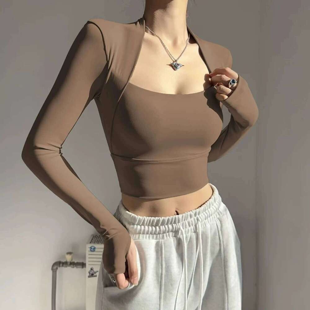 Women's Long Sleeve Workout Top with Built-in Bra, Quick Dry Fitness Shirt for Running & Pilates, Fall Winter Training Wear 26Y0224