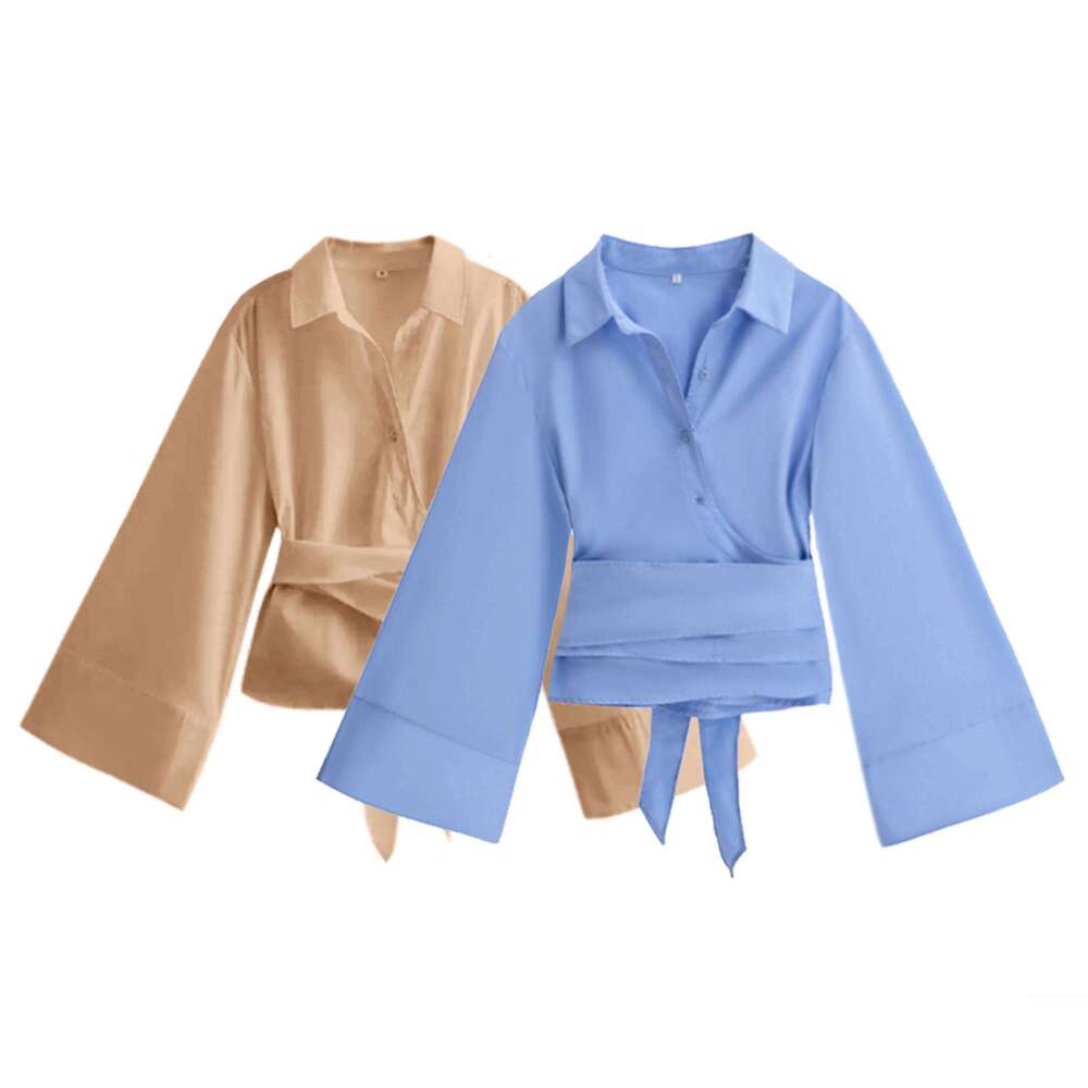 2025 NeW Women's Fashion Casual Polo Neck Bow Tie-Up Short Edition Double Breasted Poplin Daily Work Shirt Elegant Gifts 26W0224