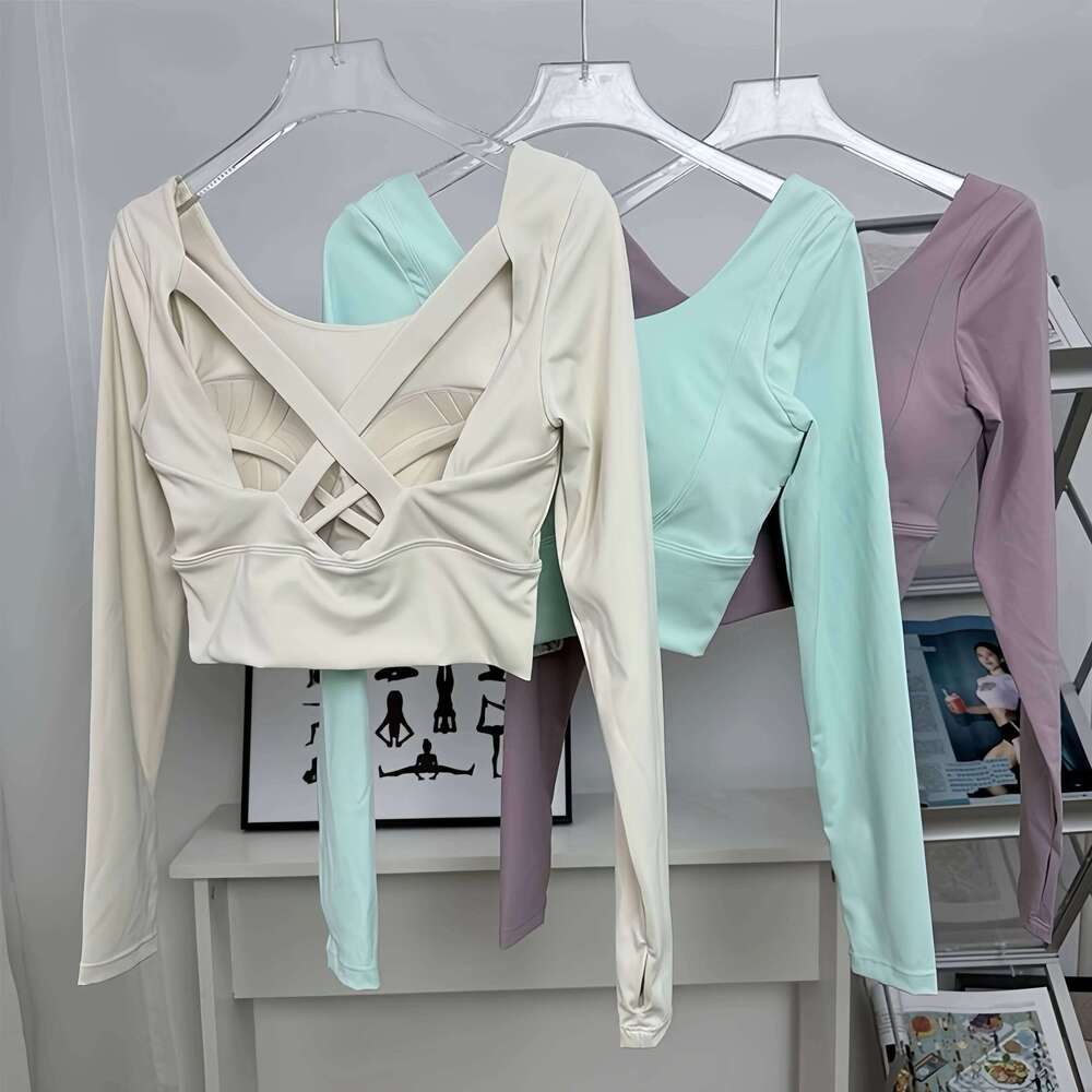 Women's Yoga Wear Long-Sleeve Fixed Bra Pad Fitness Pilates Running Sports Top Training Apparel 26Y0224