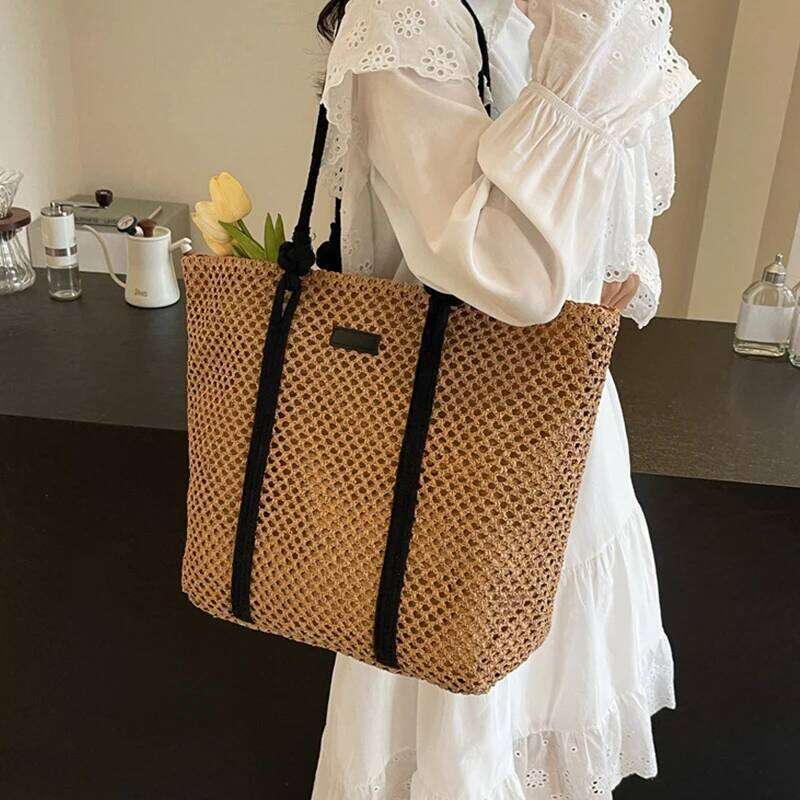 Summer Woven Tote Bag Casual Beach Vacation Women Shoulder Bags Large Capacity Female Handbags Solid Color Z260224