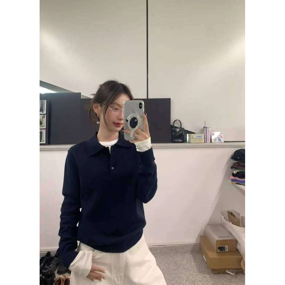 Korean Youthful Embroidered Polo Collar Knit Top Women Lazy Style Versatile Loose Fit Lapel Long Sleeve Casual Pullover 26W0224