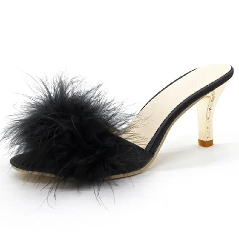 Summer Shoes Woman Feather Thin High Heels Fur Slippers Peep Toe Mules Lady Pumps Slides Shoes Big Size 260124