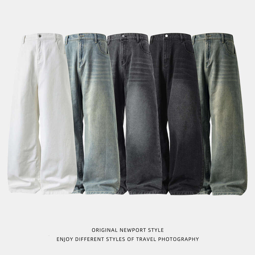Washed distressed straight loose-fit jeans for men, new autumn style, retro curved cut pants, trendy casual long trousers