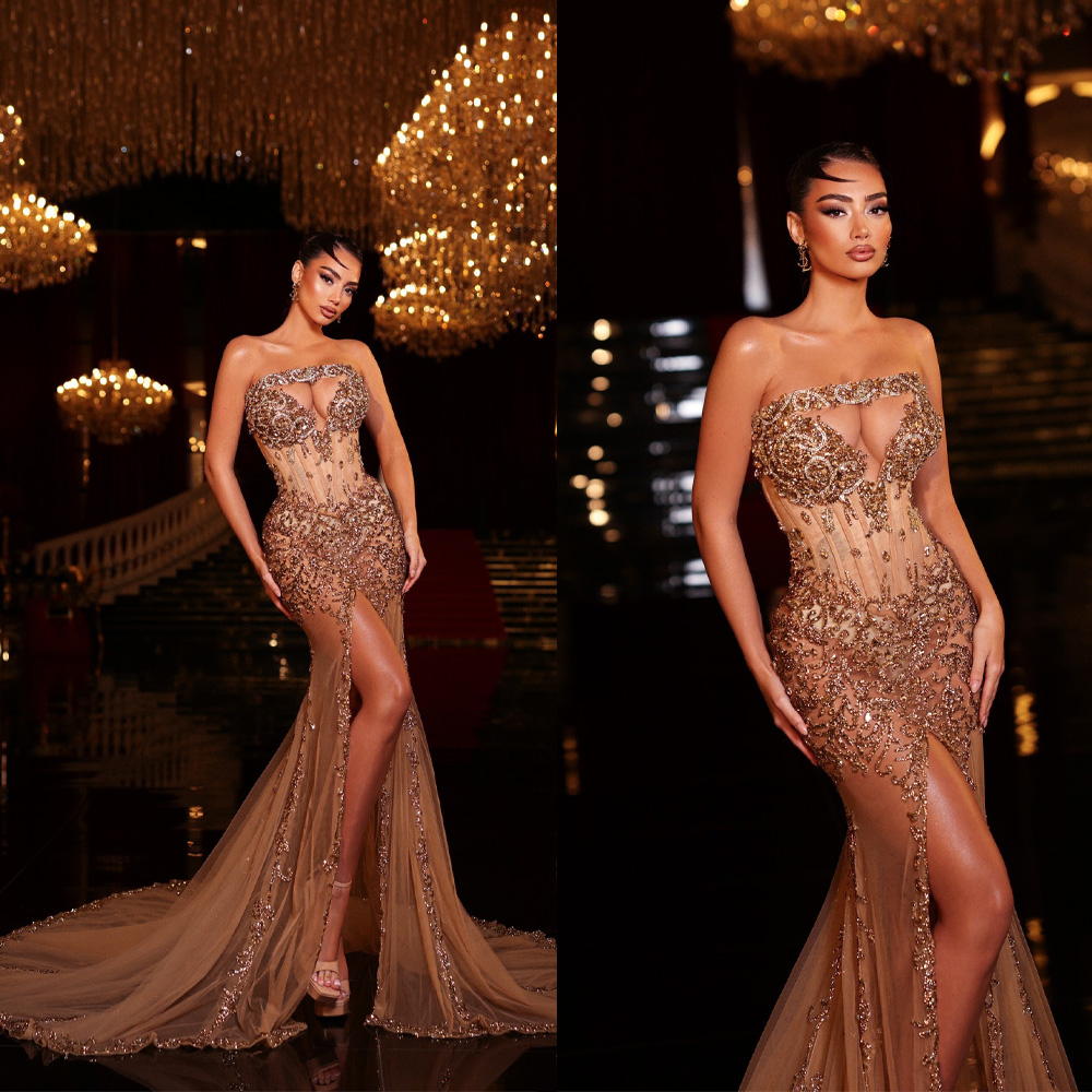 Gorgeous Evening Dresses Mermaid Strapless Sleeveless Crystals Split Backless Prom Dresses Celebrity Party Gown Customized Vestido De Novia