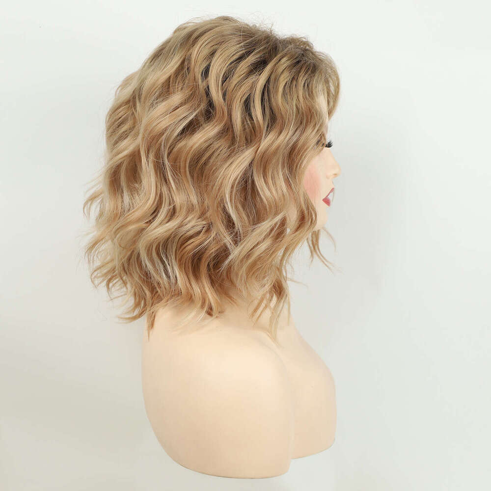 Cross-Border European And American Women's Short Curly Fashion Top Dyed Gradient Gold Side Part Synthetic Hair Wig SHXI