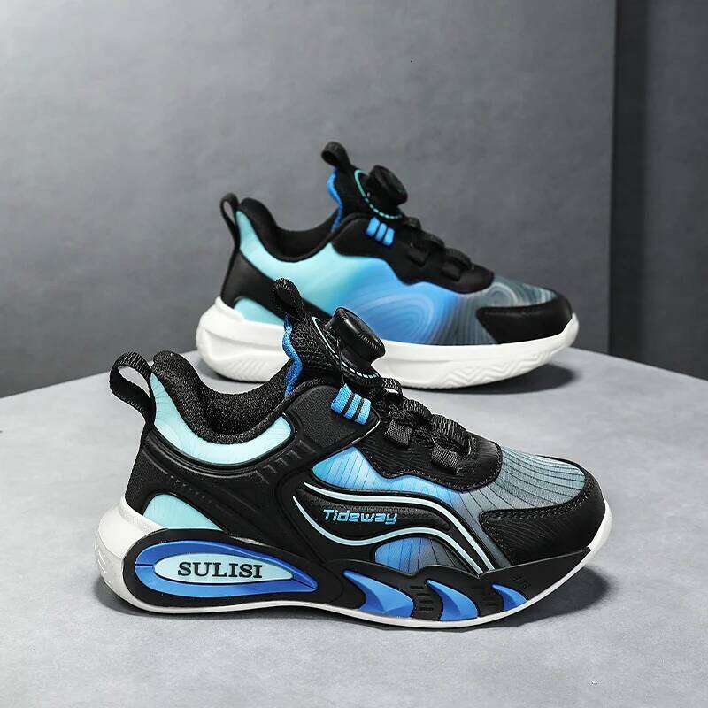 Children Sports Outdoor Breathe Anti Slip Tennis Pu Leather Lightweight Rotating Button Autumn Comfort Running Shoes 26W0224