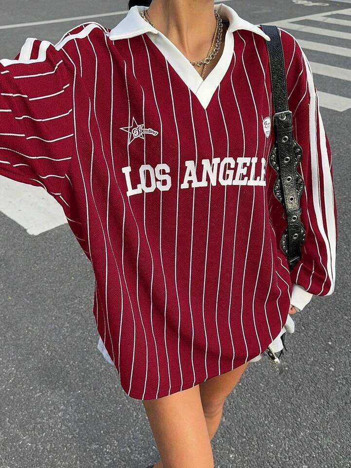 Women's Casual Striped Letter & Number Print Athletic Polo Collar Long Sleeve T-Shirt Drape Oversize Tops Streetweat Spring/Fall 26W0224