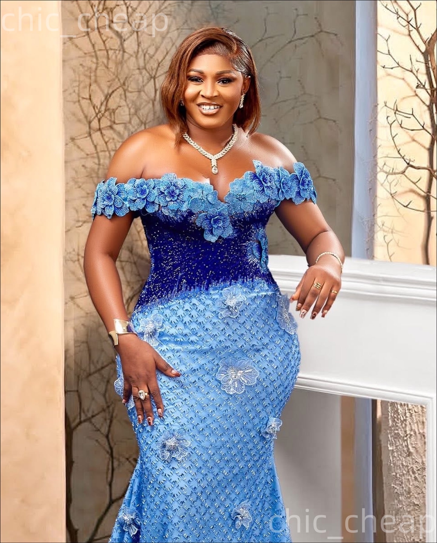 Aso Ebi Sky Blue Mermaid Prom Dresses 2026 Flowers Sequined Sweetheart Evening Formal Party Second Birthday Engagement Gowns Dress For Special Occasio