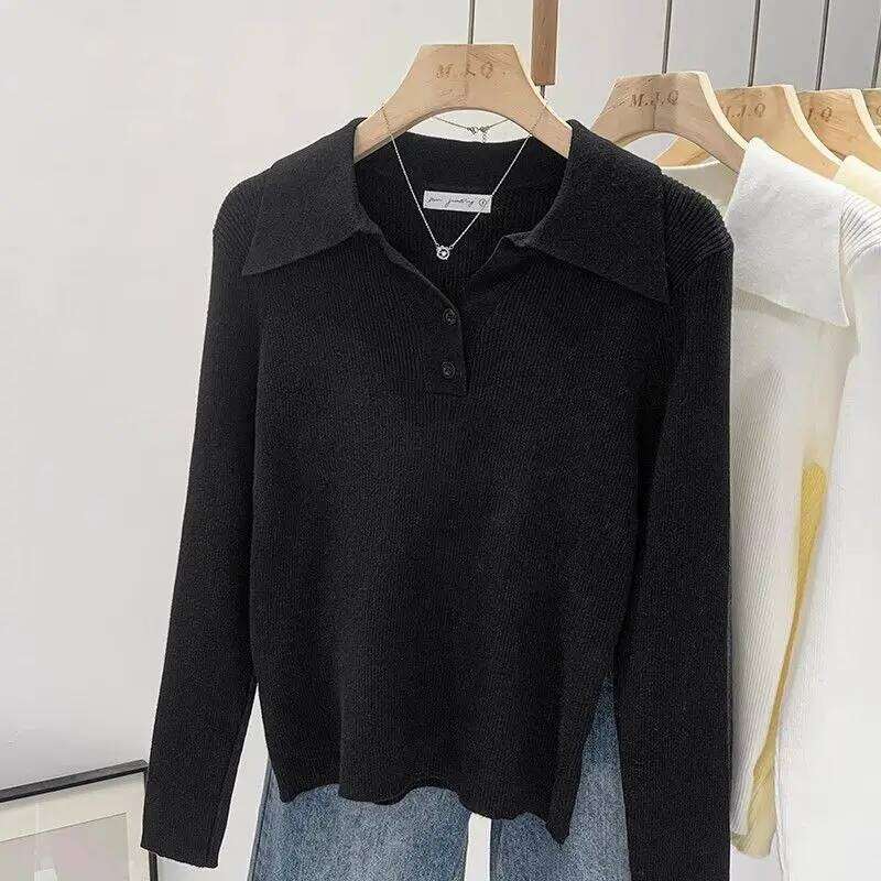 Women's Clothing Basic All-match Polo Collar Pullovers Autumn Winter Casual Loose Long Sleeve Sweaters Elegant Chic Button Tops 26W0224