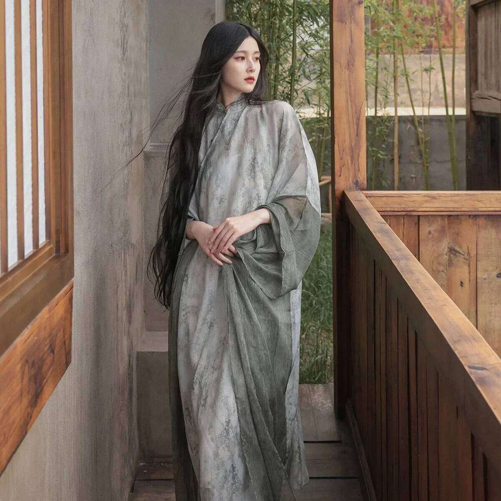 Mardi Hefxessdr Homemade Women s Clothing Cool Chinese Style Cheongsam Sleeves Loose nd Elegant Cold Green Literary Robe Dress