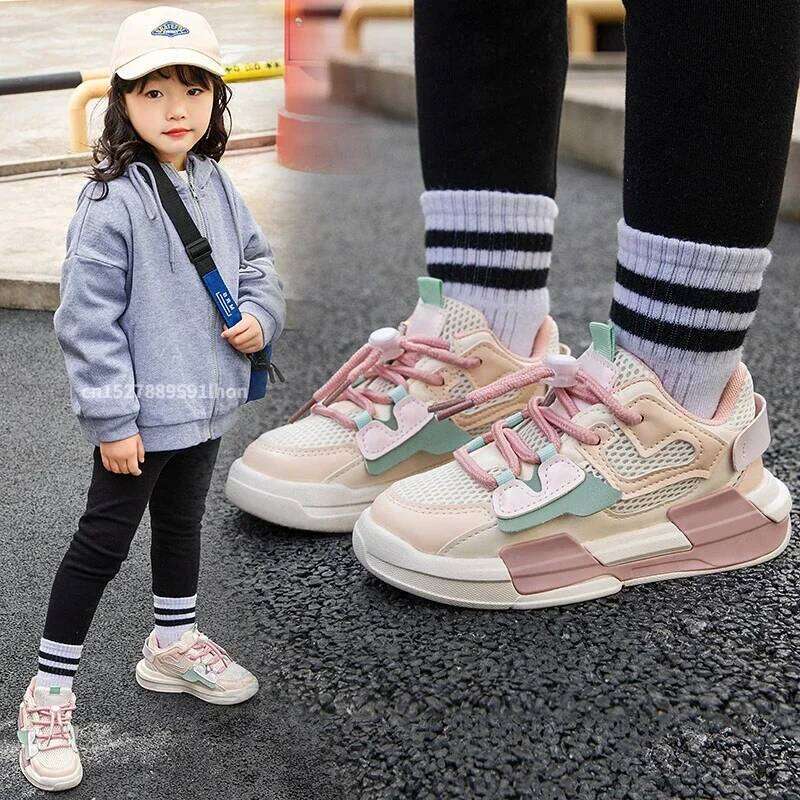 2023 Spring Children Girl Pink Shoes Autumn Mesh Breathable Kids Sneakers for 5-18 Yrs Boy Lightweight Running Shoe Walking Soft 26W0224