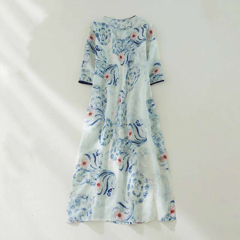 Mardi Hefxessdr Summer Cotton Chinese Style Vintage Print Dresses For Women New Casual Loose Long Dress Femme Robe Vestidos Elegant Clothes