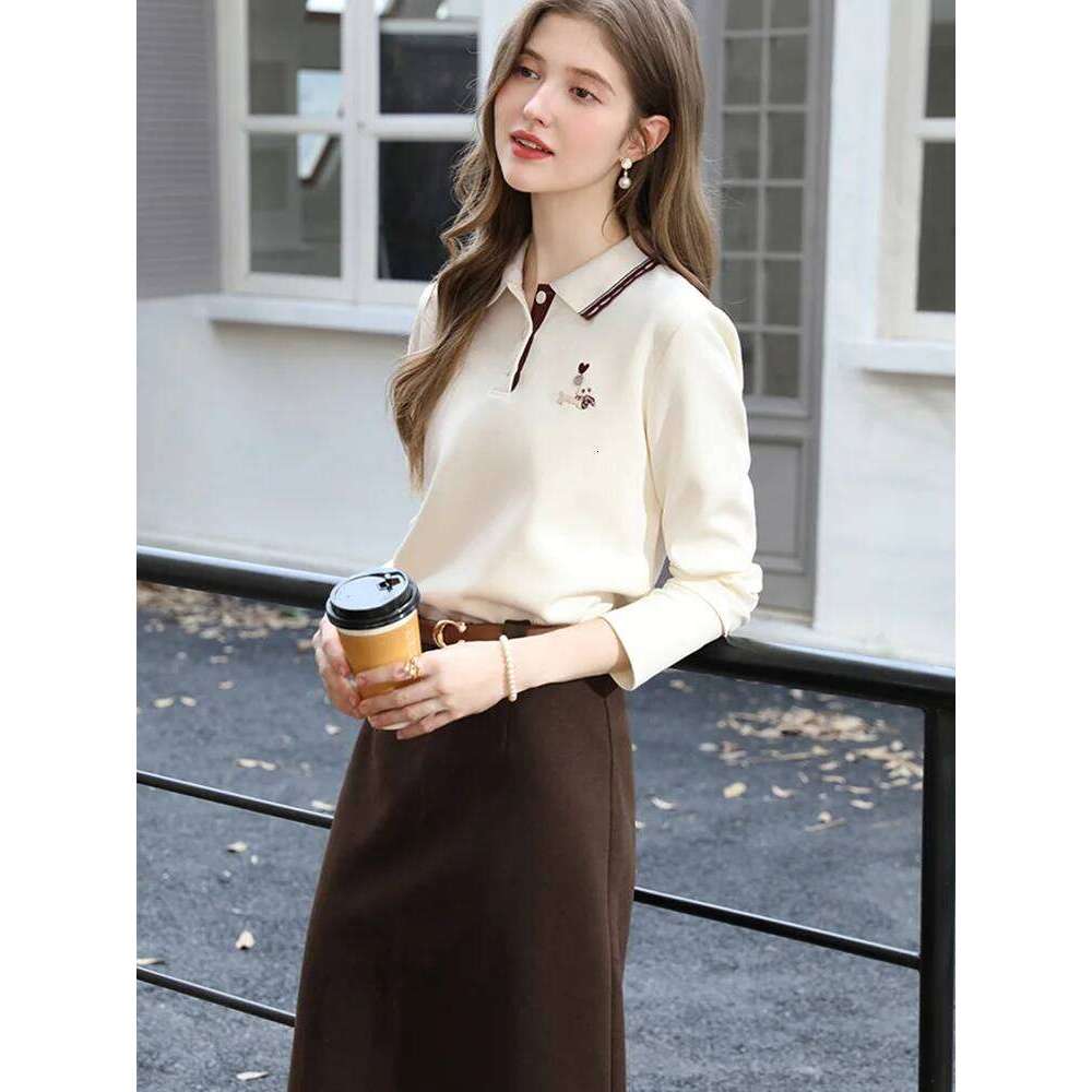 I BELIEVE YOU Polo Neck Long Sleeved T-shirt for Women Autumn 2025 Apricot Casual Tees Contrast Color Embroidery Top 2253016181 26W0224