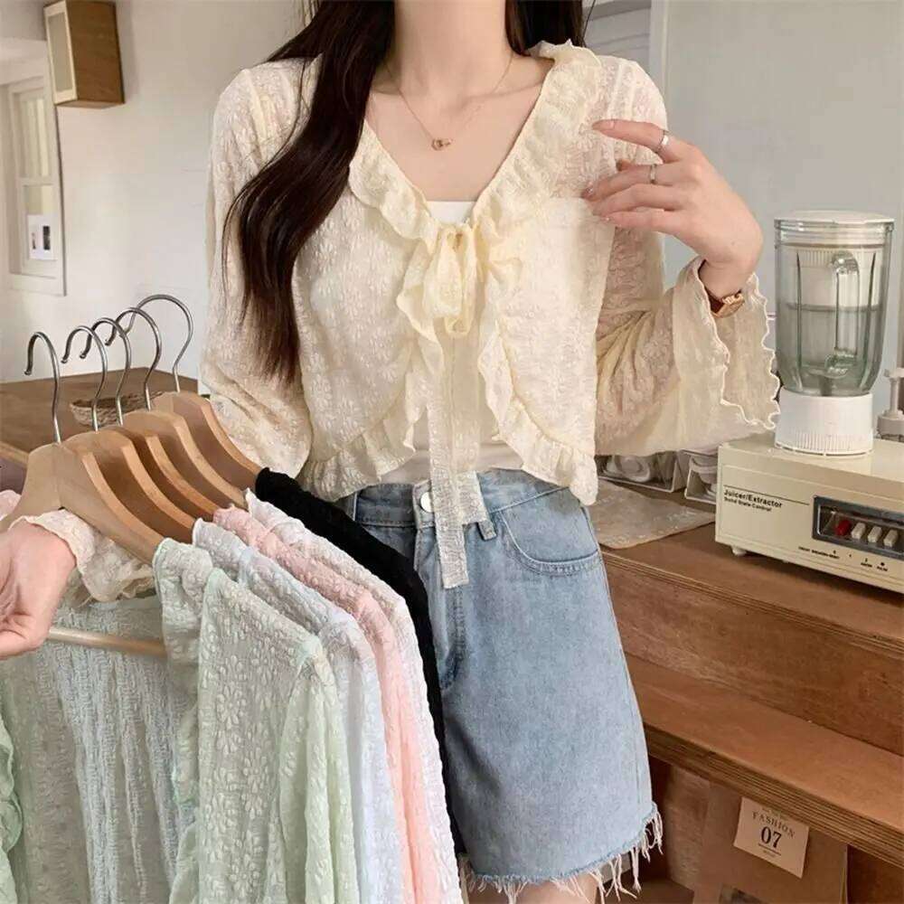 New Polyester Sunscreen Cardigan Lace-up Knitwear Tops Long Sleeve Thin Coat Women 26L0224