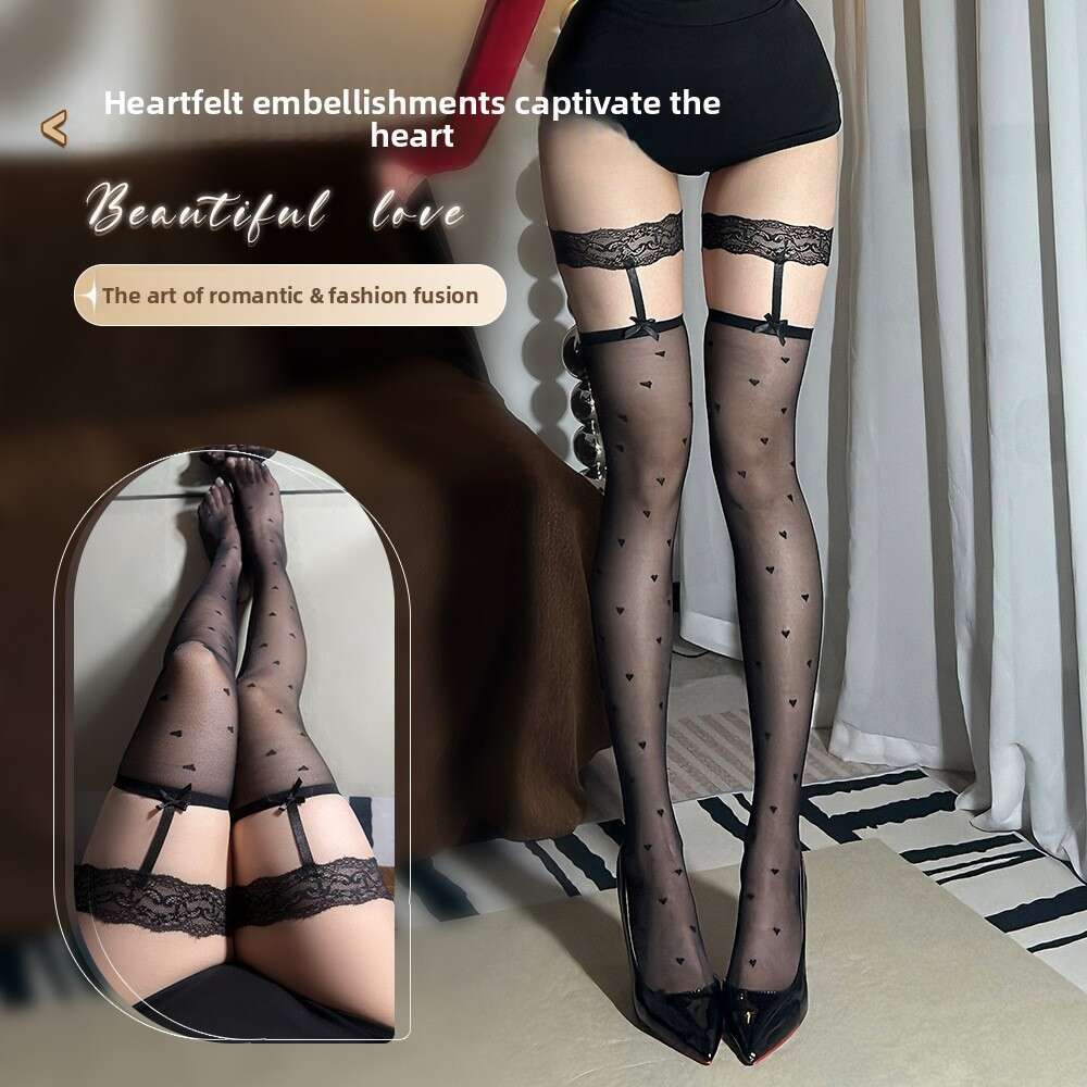 Women Elegant Lace Garter Stockings Sheer Tights with Heart Pattern & Adjustable Straps, Romantic & Stylish for Nightwear or Special Occasions