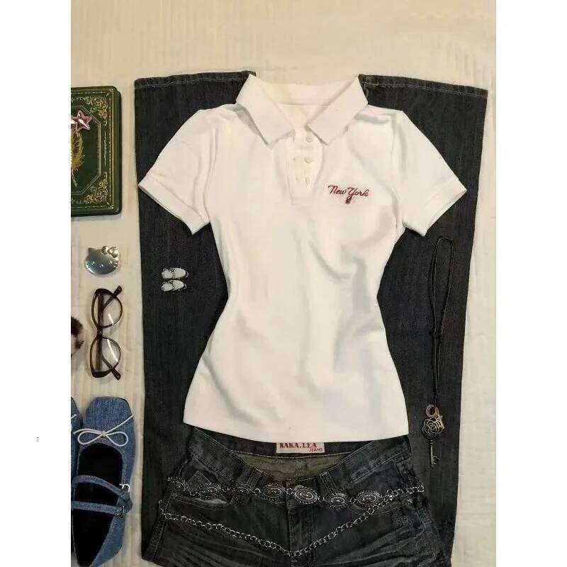 Deeptown White Vintage Letter Embroidery Women's T-Shirts Basic Short Sleeve American Style Polo Collar Tees Slim Gyaru Summer 26W0224
