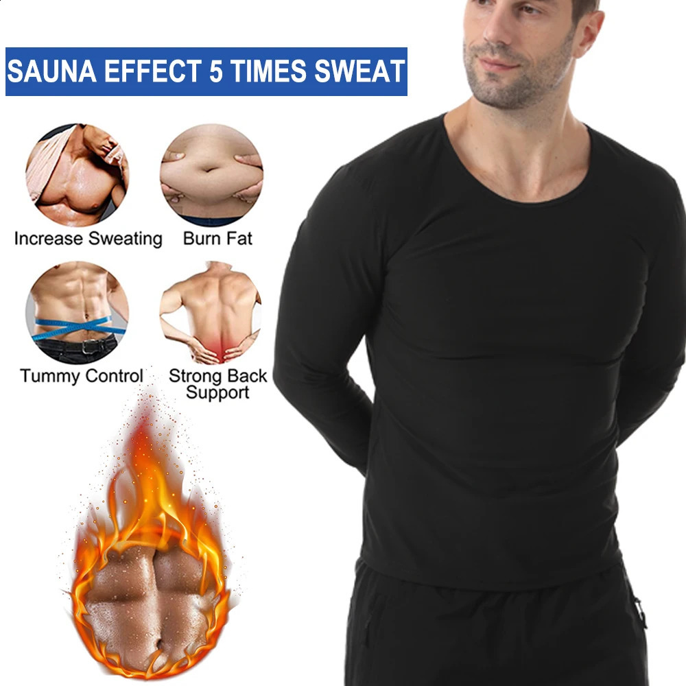 Long Sleeve Mens Sauna Top Gym Exercise Fat Burning T-shirt Round Neck 5 Times Sweat Black S-3XL Stretch Sports Clothes 260129