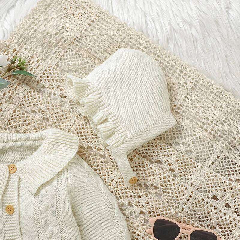 Winter Knit Baby Girls Rompers Beige Newborn Infant Long Sleeve Jumpsuits Hats Outfits 2pcs 0-9m Toddler Playsuits Child Clothes 26Y0224