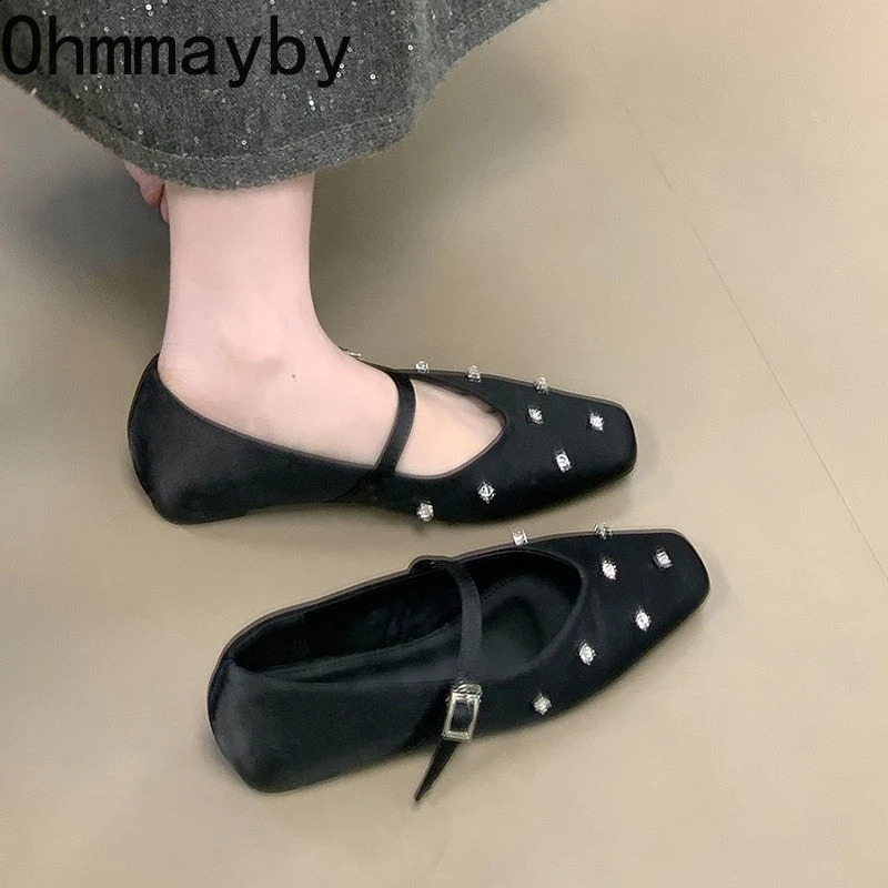 Crystal Square Toe Women Ballet Flats Ladies Elegant Dress Mary Jane Shoes 2026 Spring Autumn Concise Zapatos De Mujer 260130