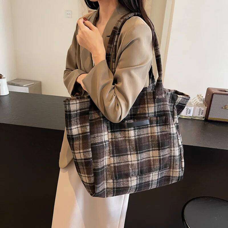 Woolen Plaid Big Women's 2025 New Korean Version Tote College Style Casual Large-capacity Shoulder Bag Z260224