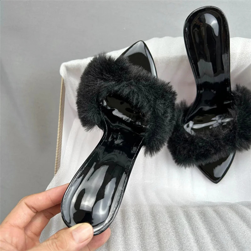 Sexy red faux fur women slippers 12cm high heels pointed toe dress dating party fashion shoes women sandals plus size LX050 260124