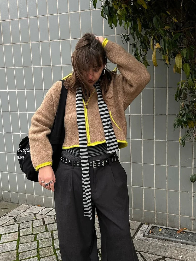 Fashion Solid Plush Zipper Cardigan Women Chic Stand Collar Pocket Loose Short Sweater Coat Female Commute Street Outerwear 260126