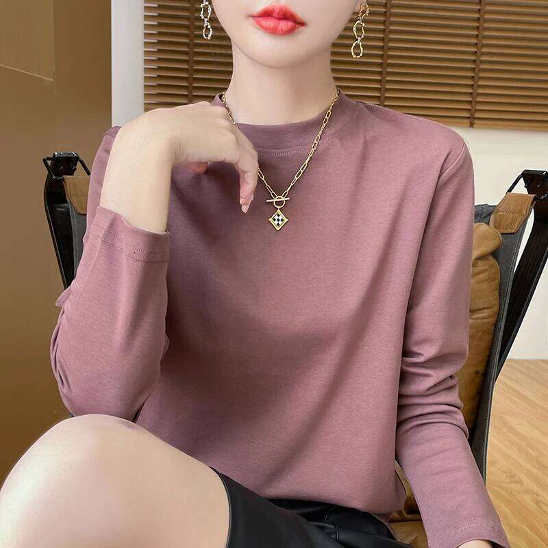 Spring and Autumn Half-high-necked Women's Long-Sleeved T-shirt Cotton New Bottoming Shirt Loose Outside 26Y0224