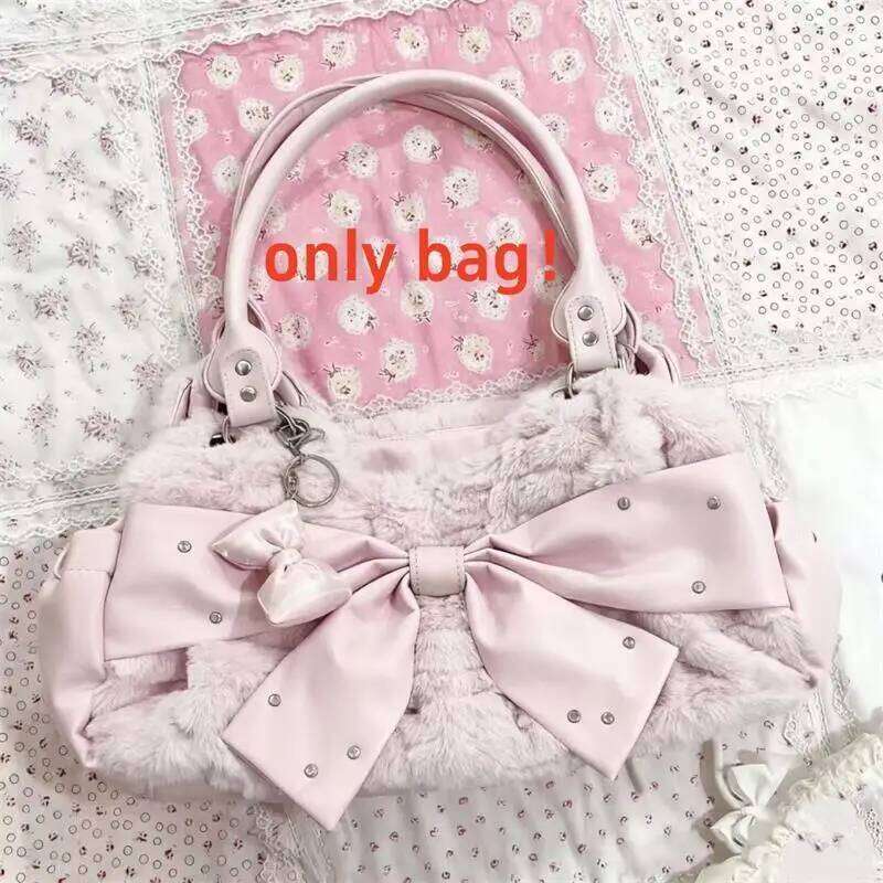 Vintage Y2k Polka Dot Bow Shoulder Japanese Sweet Underarm Stylish Cute Lolita Handbag Casual Versatile Plush Tote Bag Z260224