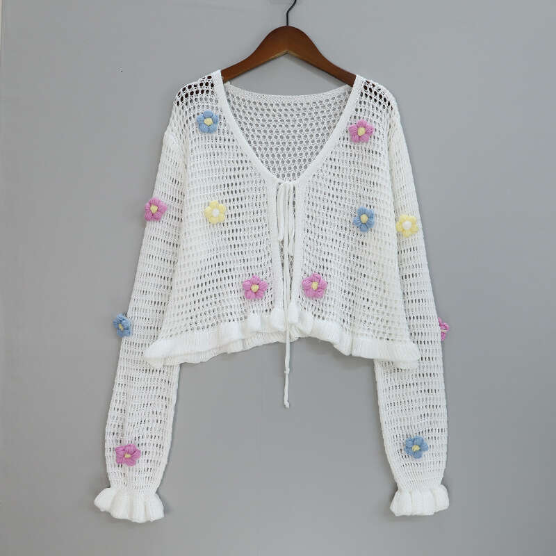 Spring/Summer New Hollow V-Neck Long Sleeve Floral Crochet Knit Sweater Short Cardigan In Vintage Style