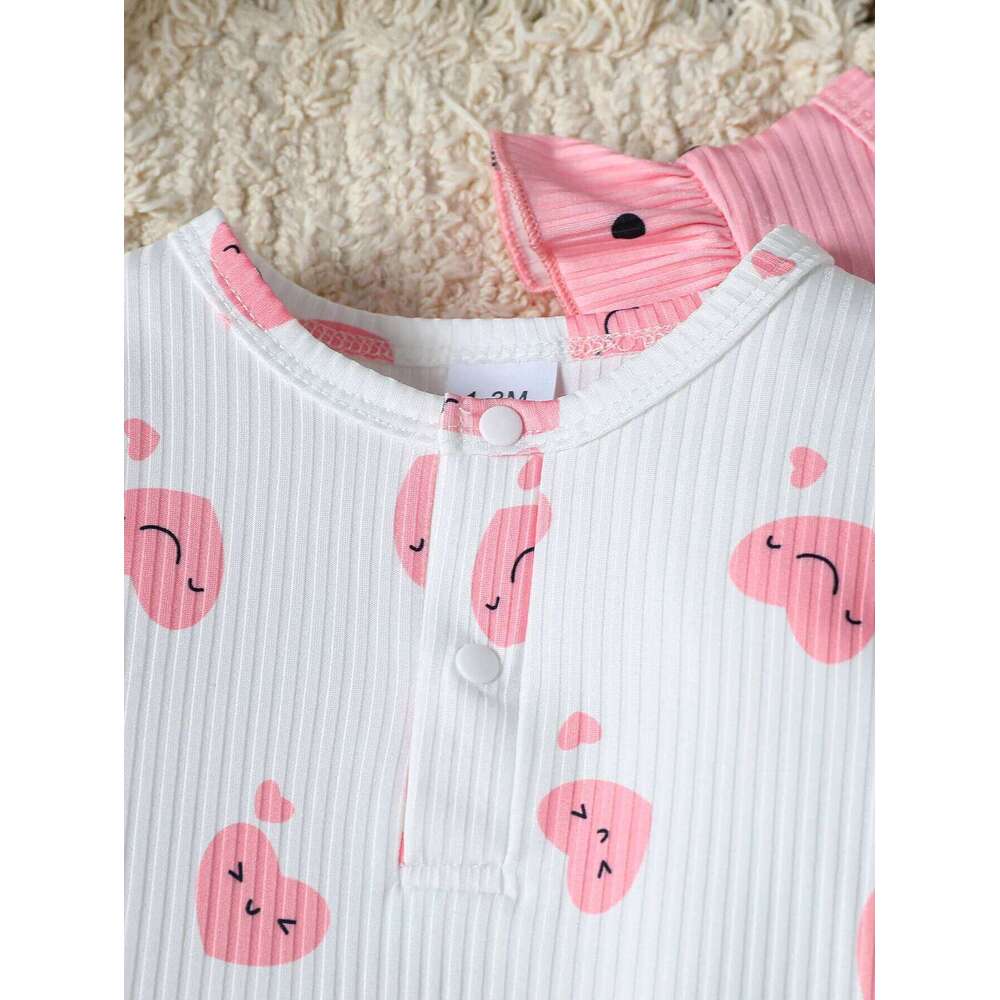 2Pcs Baby Girl Romper Jumpsuit Autumn Ribbed Ruffle Long Sleeve Heart Print Bodysuit Newborn Infant Girls Cute Daily Clothes 26H0224