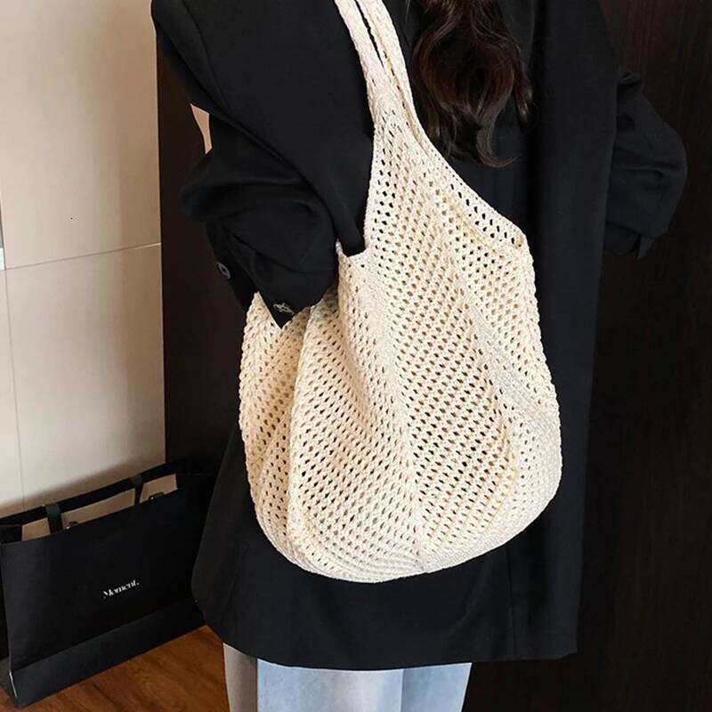 Women Knitting Shoulder Hollow Out Crochet Mesh Bag Large Capacity Knitted Tote Ladies Daily Handbag Z260224