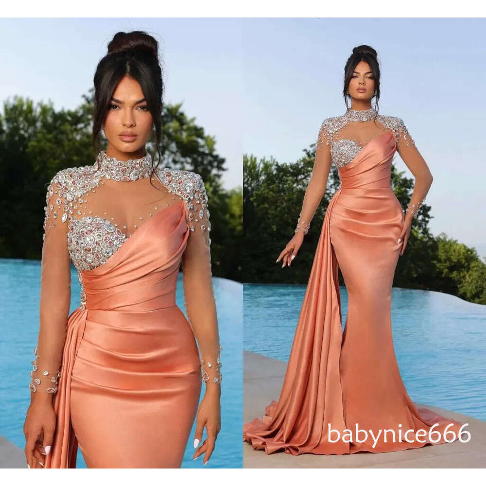 Elegant Black Peach Purple Mermaid Evening Dresses High Neck Sheer Appliques Beads Illusion Long Sleeve Pleats Ruffles Formal Occasion Prom Gowns BC16