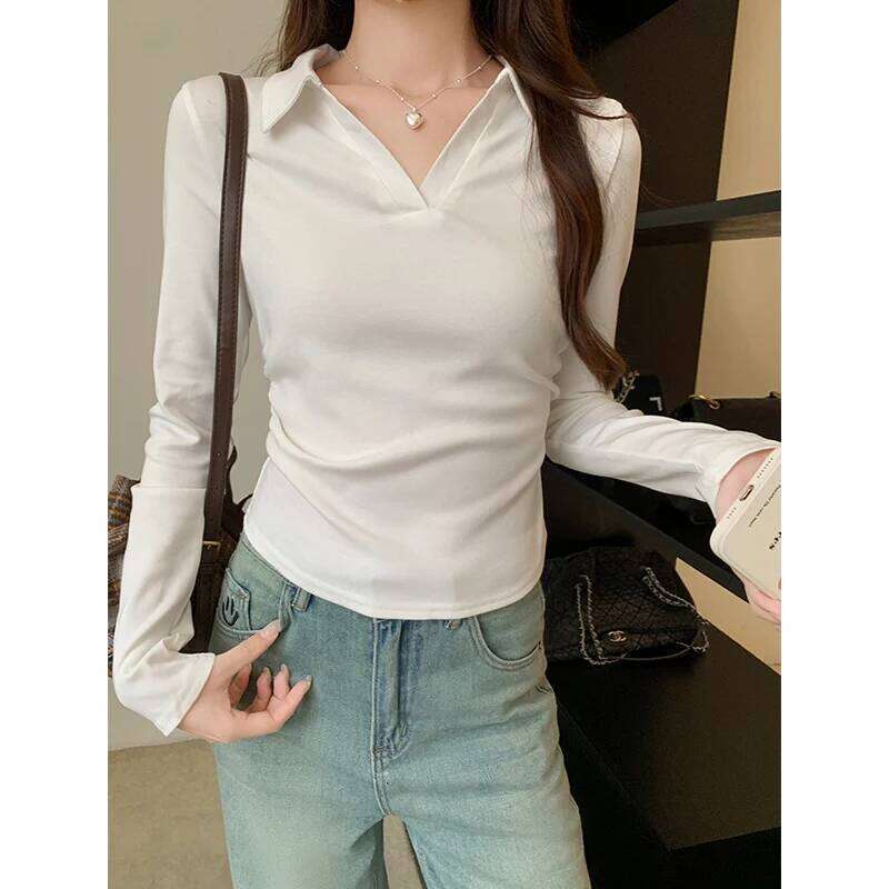 Autumn Cotton Sexy Women's T Shirt Long Sleeve Skinny Slim Basic Solid Black White Crop Polo TShirt Casual Top Tee for Women 26W0224
