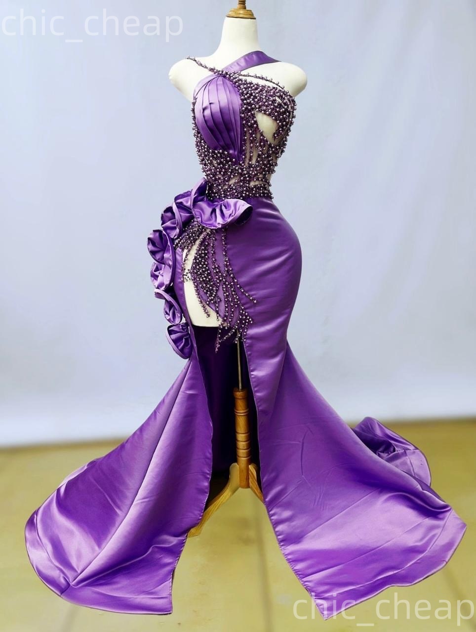 Aso Ebi Purple Mermaid Prom Dresses 2026 Pearls Spaghetti Satin High Split Evening Formal Party Second Birthday Engagement Gowns Dress For Special Occ