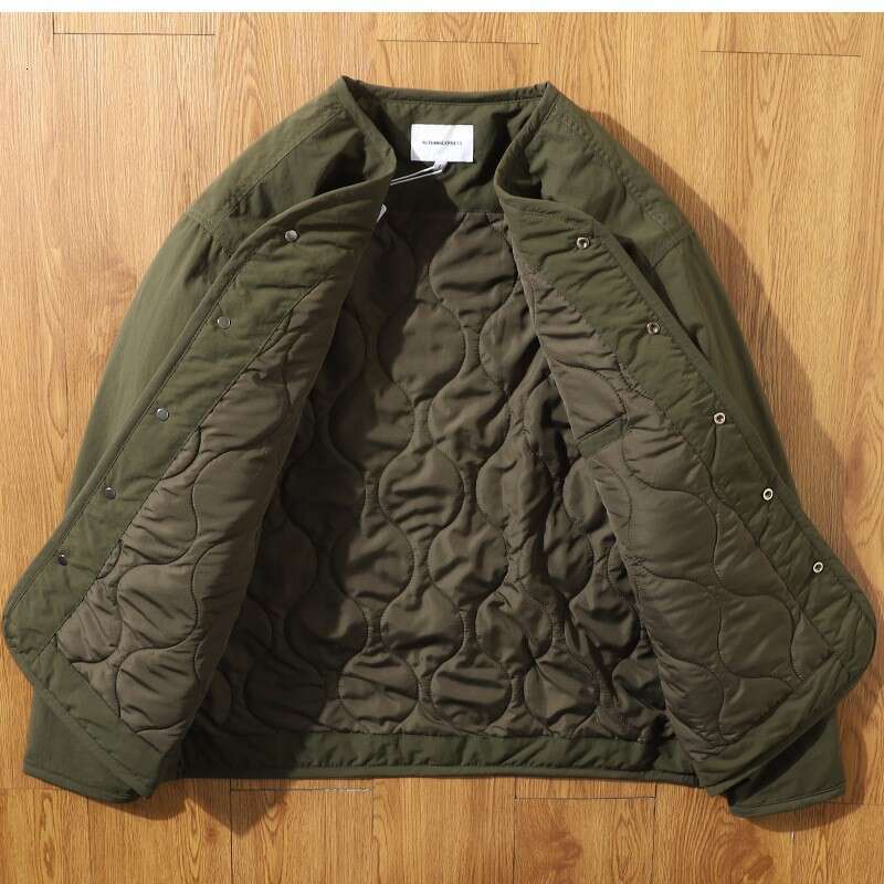 Japanese Retro Collarless Padded Jacket Men's Dark Grid Windproof Workwear Layered V-Neck Snap Button Cotton Coat Men