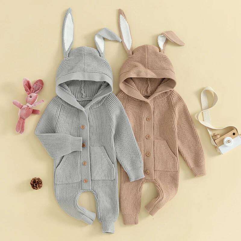 FOCUSNORM 0-18M Autumn Spring Baby Girls Boys Knit Rompers Bunny Ears Hooded Long Sleeve Single Breasted Jumpsuits 26H0224