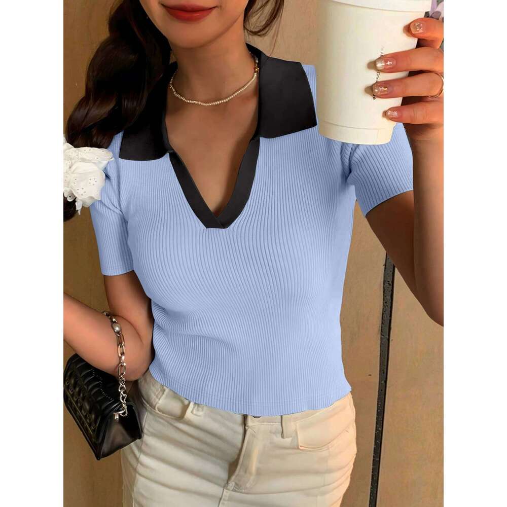 Summer V-neck Short Sleeve POLO Shirt Clash Color Ribbed New Fashion Casual Women's Tops Sweet Style 26W0224