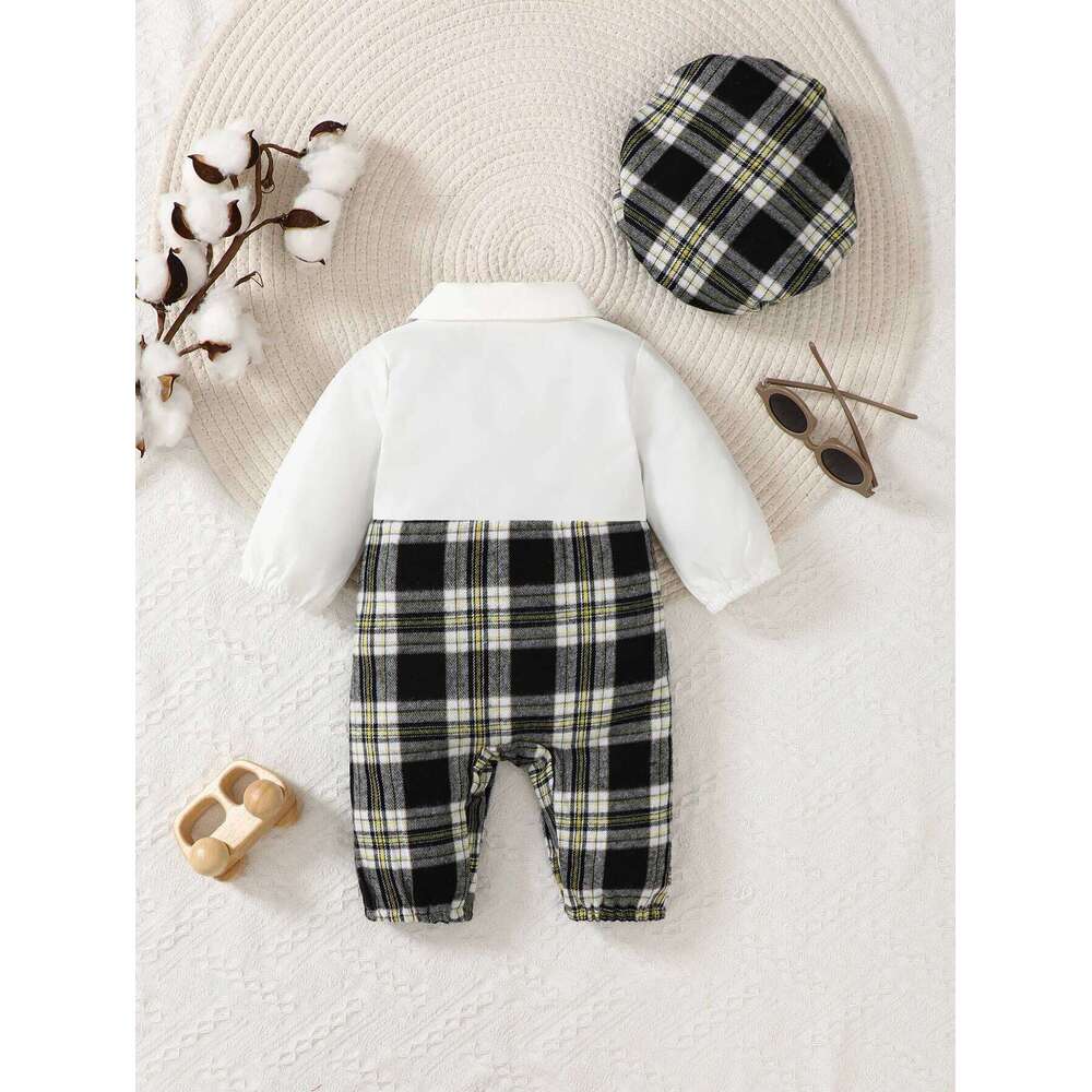 Newborn Literary Style Boy Baby Lapel False Strap Black Plaid Color Matching Jumpsuit Long Sleeve Button Cardigan Pantyband Hat 26Y0224