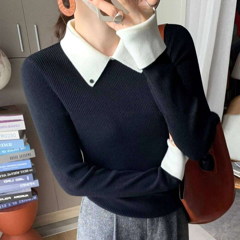 Women Sweater Polo Collar Warm Autumn Winter Bottoming Shirts Korean Fasion Kitted Pullovers Long Sleeve Slim Fit Undershirts 26W0224
