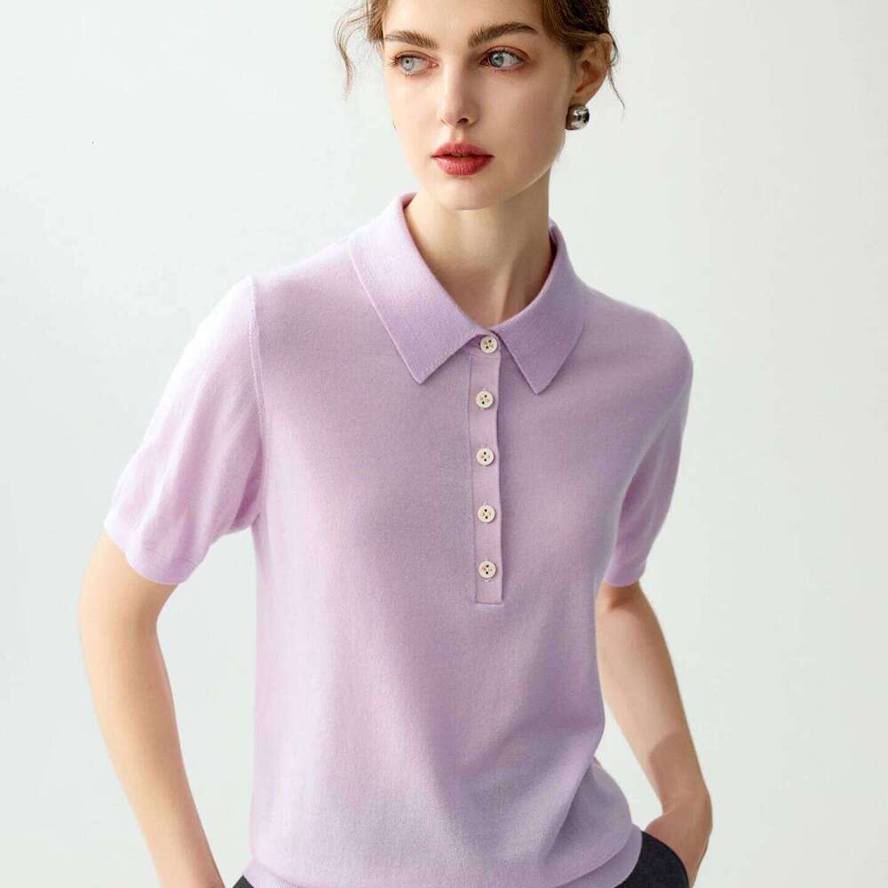 Ladies' 100% fine spun wool sweater short sleeved casual Tees solid color knitted T-shirt POLO collar Tops loose Pull Jumper 26W0224