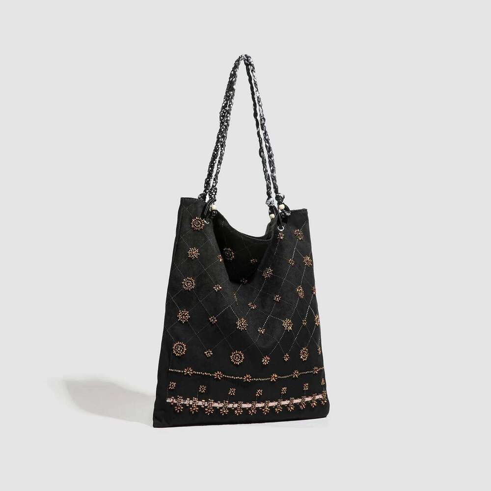 2025 Suede Single Shoulder Ethnic Style Commuting with Ribbon Splicing and Large Capacity Tote Bag Z260224