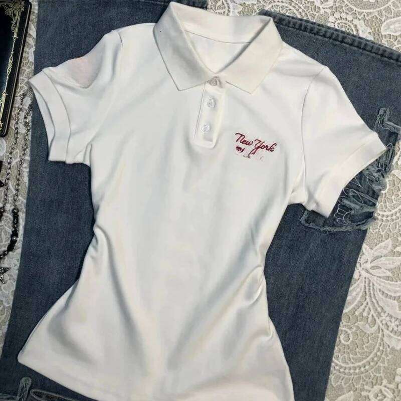 Deeptown White Vintage Letter Embroidery Women's T-Shirts Basic Short Sleeve American Style Polo Collar Tees Slim Gyaru Summer 26W0224