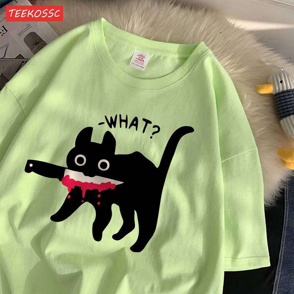 Summer Cotton Women'S T-Shirts Surprised Black Cat Printing Streetwear Breathable Oversize O-Neck Casual Street Female Clothes H260224